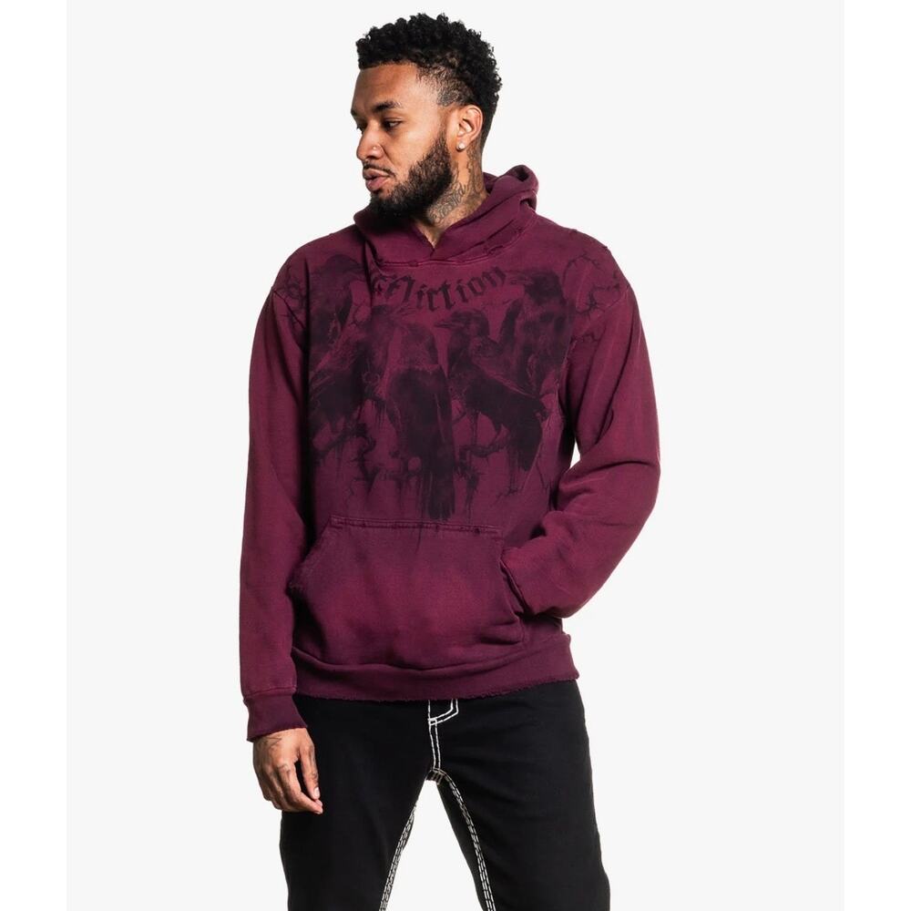 Affliction Crows Po Hoodie Men’s Sweatshirt Burgundy Large Jacket Red